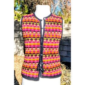 Vintage Lilac Fair Isle Women's Petite Small Wool Button Knit Sweater Vest GUC